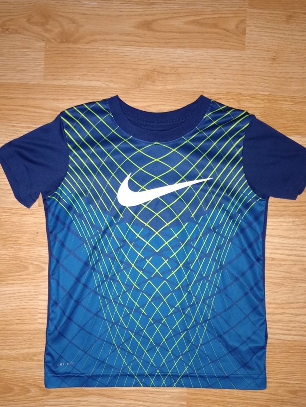 Nike Boys' Blue Tee with Neon Green Grid and White Swoosh